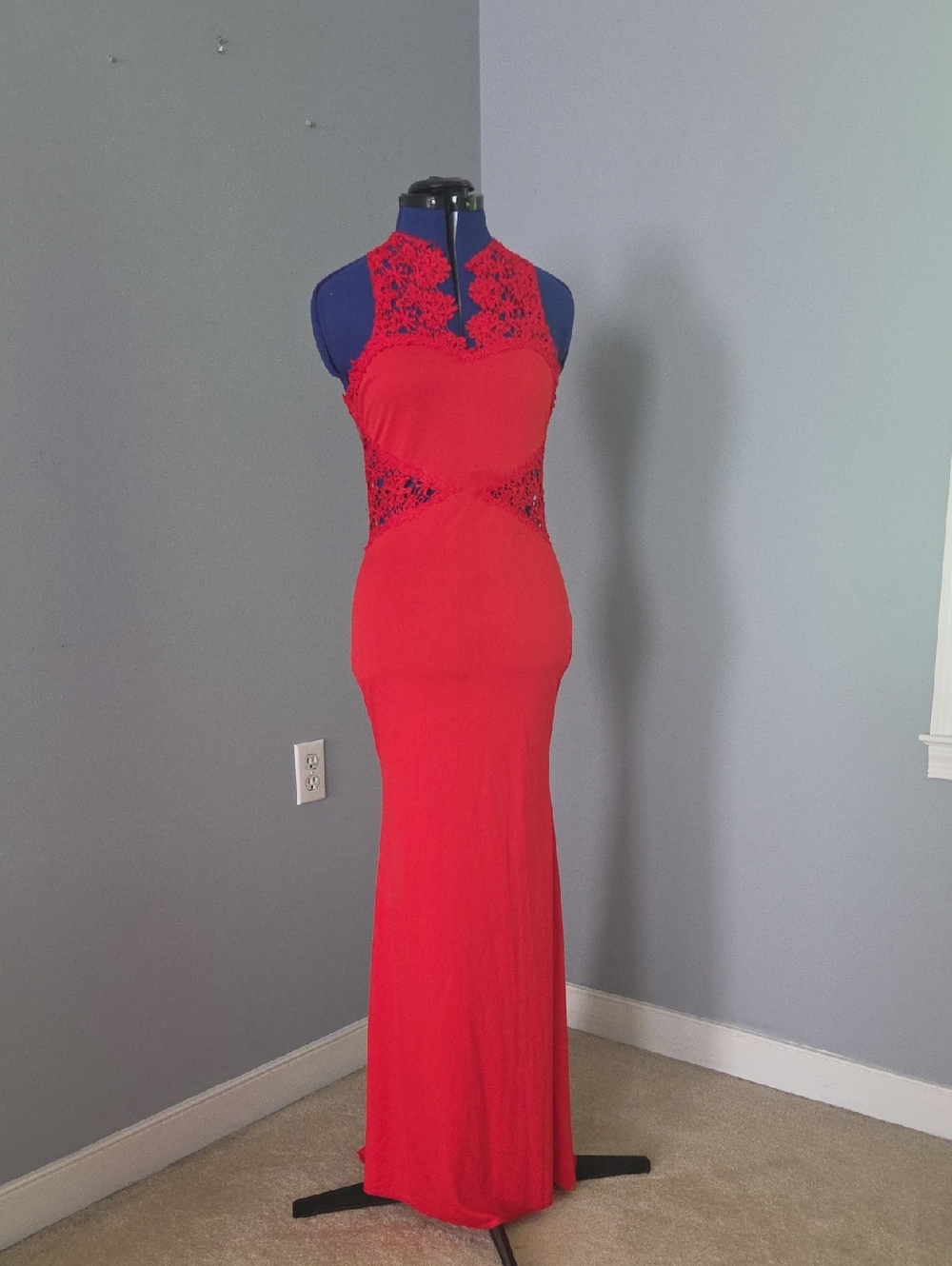 Red Lace Halter Maxi Dress with Cutout Waist